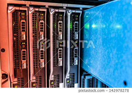 Server Rack Hardware in Data Center with LED Storage Drives 142978278