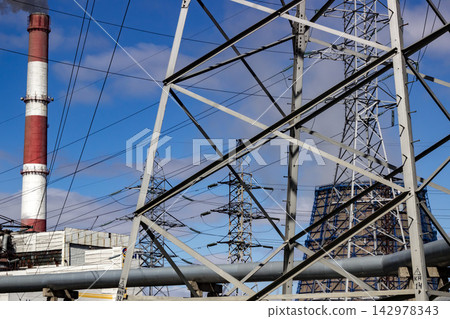 Power Plant and Transmission Towers in Industrial Energy Grid Power Plant and Transmission Towers in Industrial Energy Grid 142978343