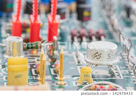 Electronics Circuit Board Macro with Components and Soldered Parts Electronics Circuit Board Macro with Components and Soldered Parts 142978433