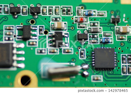 Circuit Board Macro with Electronic Components and Microchips Circuit Board Macro with Electronic Components and Microchips 142978465
