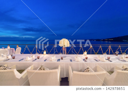 Seaside Wedding Reception Table at Blue Hour Seaside Wedding Reception Table at Blue Hour 142978651