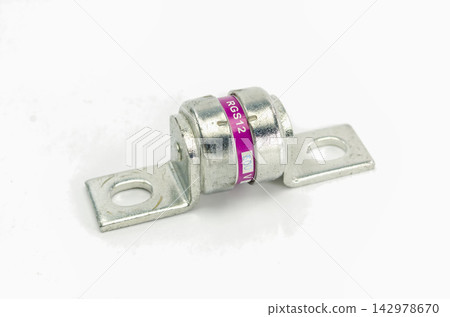 Electrical Fuse Link with Metal Mounting Tabs on White Background Electrical Fuse Link with Metal Mounting Tabs on White Background 142978670