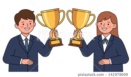 Boy and girl students holding trophy cups Boy and girl students holding trophy cups 142978699