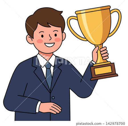 Boy student holding golden trophy cup Boy student holding golden trophy cup 142978700