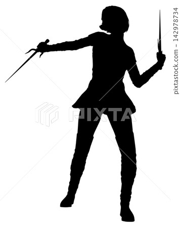 Silhouette Of Female Warrior With Blades Silhouette Of Female Warrior With Blades 142978734