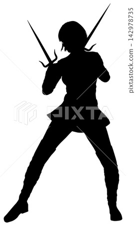 Silhouette Of Female Warrior With Blades Silhouette Of Female Warrior With Blades 142978735
