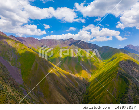 Aerial View of Vibrant Mountain Landscape in Kyrgyzstan 142978837
