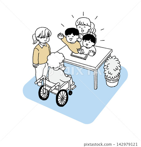 一位老婦人使用平板電腦與住在養老院的孫子進行視訊通話。 142979121