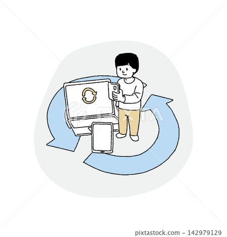 A man updating his computer and smartphone to the latest version. A man updating his computer and smartphone to the latest version. 142979129