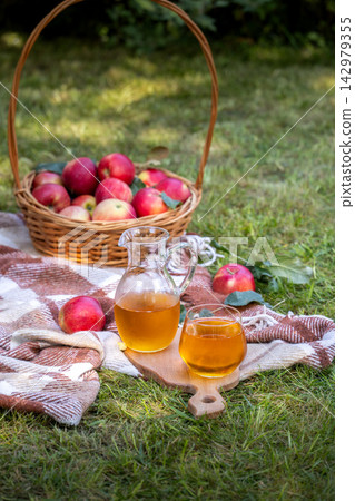 Fresh apple cider picnic in garden with fruit basket Fresh apple cider picnic in garden with fruit basket 142979355