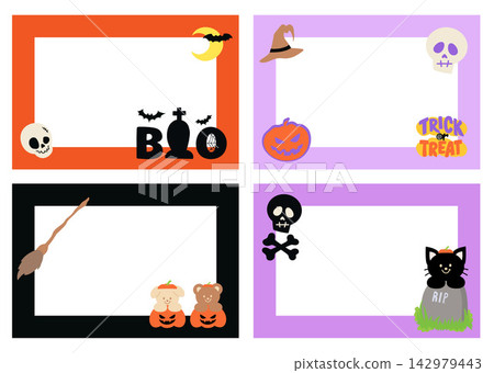 Halloween rectangle frame vectors with ghost, spooky pumpkin, moon, bat, head skull, witch broom, puppy, teddy bear for Halloween campaign banners, polaroid photo, ad template, sticky note, postcard Halloween rectangle frame vectors with ghost, spooky pumpkin, moon, bat, head skull, witch broom, puppy, teddy bear for Halloween campaign banners, polaroid photo, ad template, sticky note, postcard 142979443
