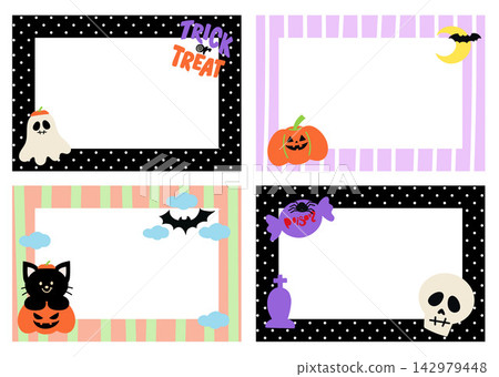 Halloween rectangle frame vectors with ghost, trick or treat, spooky pumpkin, moon, bat, black cat, poison candy, head skull for Halloween campaign banners, polaroid photo, ad template, sticky note Halloween rectangle frame vectors with ghost, trick or treat, spooky pumpkin, moon, bat, black cat, poison candy, head skull for Halloween campaign banners, polaroid photo, ad template, sticky note 142979448