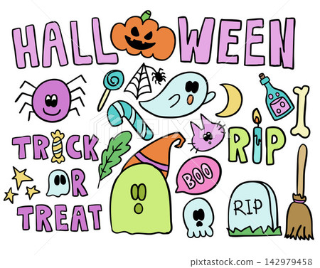 Hand drawn Halloween vector illustrations including spooky pumpkin, ghost, spider and spider web, candy cane, trick or treat letters, witch broom, RIP, head skull, cat, poison bottle, tombstone, moon Hand drawn Halloween vector illustrations including spooky pumpkin, ghost, spider and spider web, candy cane, trick or treat letters, witch broom, RIP, head skull, cat, poison bottle, tombstone, moon 142979458