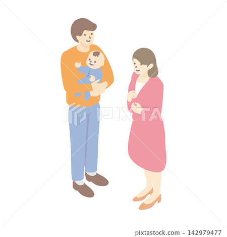 Isometric illustration of a family conversing, discussing, or considering various topics: life planning, housing, insurance, childcare, moving, etc. Isometric illustration of a family conversing, discussing, or considering various topics: life planning, housing, insurance, childcare, moving, etc. 142979477