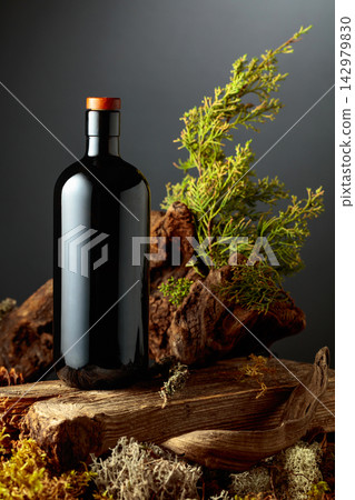 Dark glass bottle of gin or herbal bitter, set among juniper branches, weathered driftwood and forest moss. Dark glass bottle of gin or herbal bitter, set among juniper branches, weathered driftwood and forest moss. 142979830