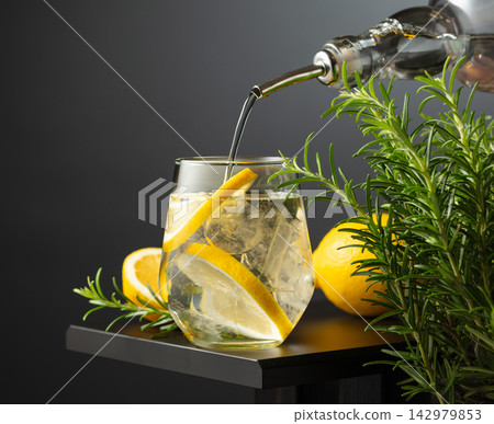 Cocktail gin tonic with ice, lemon, and rosemary. Cocktail gin tonic with ice, lemon, and rosemary. 142979853