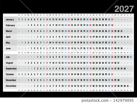 A one-line calendar for 2027. (Black background) 142979895