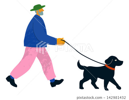 Senior Man Walking Dog on Leash Illustration 142981432