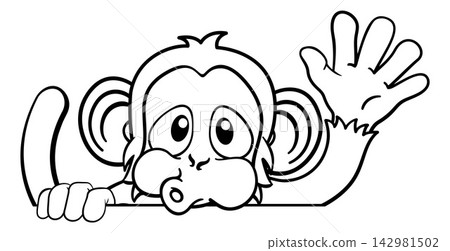 Monkey Cartoon Animal Behind Sign Waving Monkey Cartoon Animal Behind Sign Waving 142981502