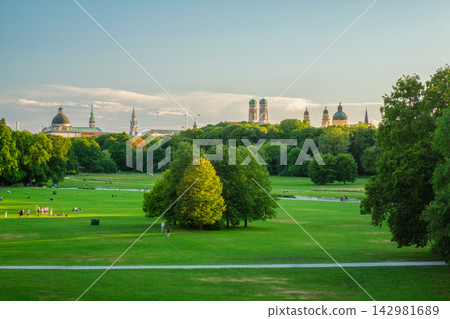 Englischer Garten park with Frauenkirche and Theatinerkirche Englischer Garten park with Frauenkirche and Theatinerkirche 142981689