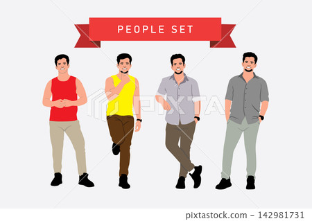 Vector illustration of a group of men in different clothes. Flat style. Vector illustration of a group of men in different clothes. Flat style. 142981731