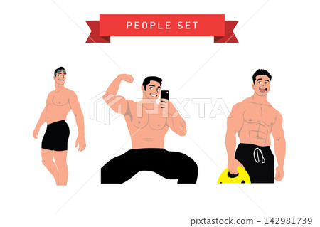 Set of vector illustrations of a man with a muscular body and a mobile phone. Set of vector illustrations of a man with a muscular body and a mobile phone. 142981739
