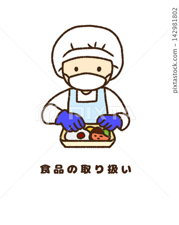 廚房工作人員衛生地處理食物的示意圖。 142981802