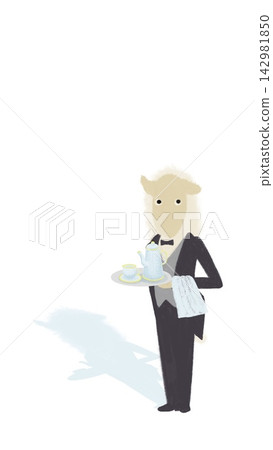A New Year's card illustration featuring a sheep butler in a butler's costume carrying a tea set. A New Year's card illustration featuring a sheep butler in a butler's costume carrying a tea set. 142981850