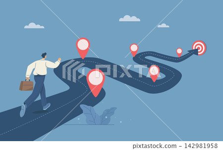 Timeline, Progress in business, Roadmap, Businessman project manager running work on project timeline, Project planning, Key route map with action plans, Timeline to success, Vector illustration. Timeline, Progress in business, Roadmap, Businessman project manager running work on project timeline, Project planning, Key route map with action plans, Timeline to success, Vector illustration. 142981958