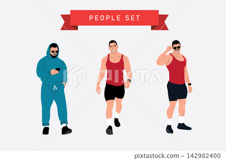 Set of male characters in sportswear. Vector illustration in flat style Set of male characters in sportswear. Vector illustration in flat style 142982400