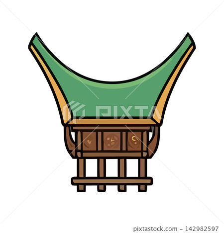Charming cartoon illustration of a classical Japanese shrine or pagoda structure, perfect for travel and culture themes. 142982597