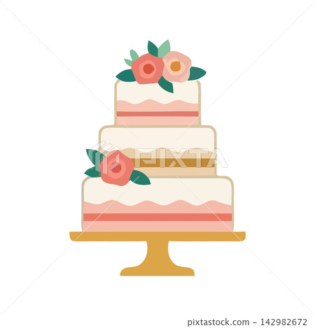 Sweet birthday cake illustration featuring delicate layers and blooming flower accents for baking themes. Sweet birthday cake illustration featuring delicate layers and blooming flower accents for baking themes. 142982672
