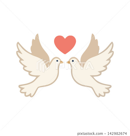 Adorable cartoon doves flying together, perfect for greeting cards or cute design projects. 142982674