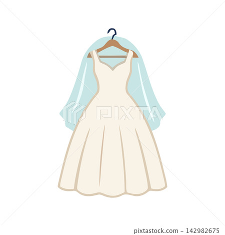 Elegant vector drawing of a bridal gown template featuring a graceful sheer veil. Perfect for wedding invitations or fashion mockups. 142982675