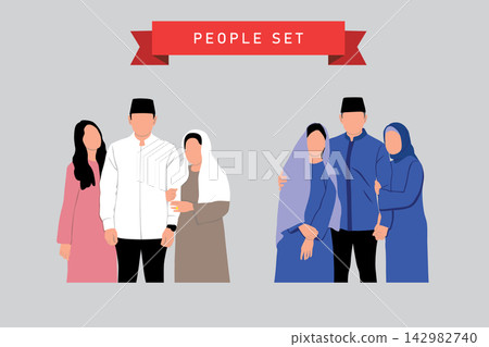 Muslim people in traditional clothes. Vector illustration in flat style on gray background. Muslim people in traditional clothes. Vector illustration in flat style on gray background. 142982740