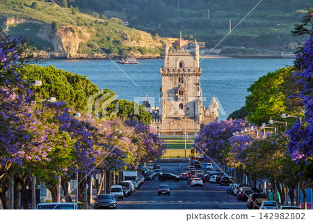 Stunning view of Belem Tower framed by blooming jacaranda trees in Lisbon Stunning view of Belem Tower framed by blooming jacaranda trees in Lisbon 142982802