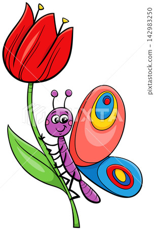 happy cartoon butterfly insect animal character on flower happy cartoon butterfly insect animal character on flower 142983250