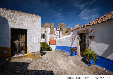 Streets of Obidos in Portugal with white houses and stone paths 142983278