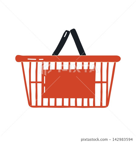 Red empty shopping basket for supermarket store purchasing and seasonal retail sales Red empty shopping basket for supermarket store purchasing and seasonal retail sales 142983594