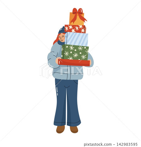 Woman holding big stack of christmas gift boxes during winter holiday shopping sale Woman holding big stack of christmas gift boxes during winter holiday shopping sale 142983595