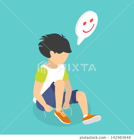3D Isometric Flat Vector Illustration of Shoe Tying, Adorable Boy Tying Shoelaces With Precision And Focus. 3D Isometric Flat Vector Illustration of Shoe Tying, Adorable Boy Tying Shoelaces With Precision And Focus. 142983648