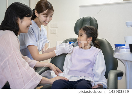 A 6-year-old girl and her mother receive an explanation about orthodontic aligners from a dental hygienist. A 6-year-old girl and her mother receive an explanation about orthodontic aligners from a dental hygienist. 142983829