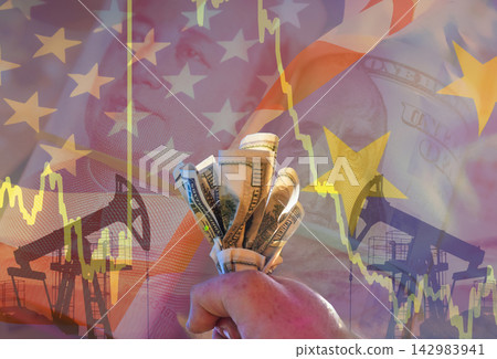 Crude mining concept of falling oil prices on trading exchange. Falling oil prices during war. Crude mining concept of falling oil prices on trading exchange. Falling oil prices during war. 142983941