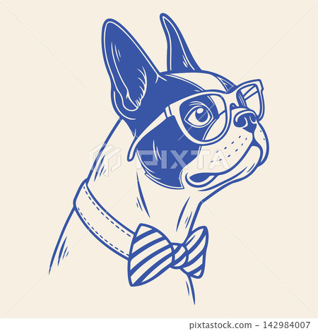 Cute French Bulldog Wearing Glasses and Bow Tie. Hand drawn sketch illustration. Cute French Bulldog Wearing Glasses and Bow Tie. Hand drawn sketch illustration. 142984007
