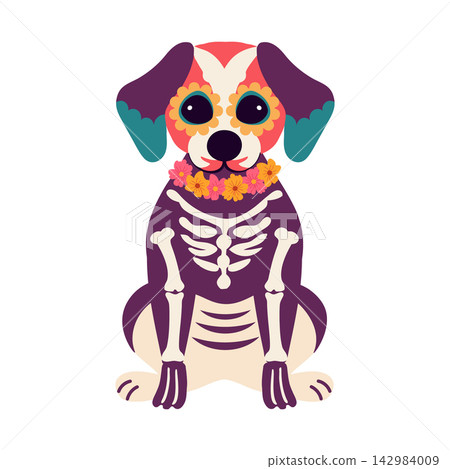 Day of the Dead. Dog Skeleton with Floral Decorations. Festive Illustration. Day of the Dead. Dog Skeleton with Floral Decorations. Festive Illustration. 142984009