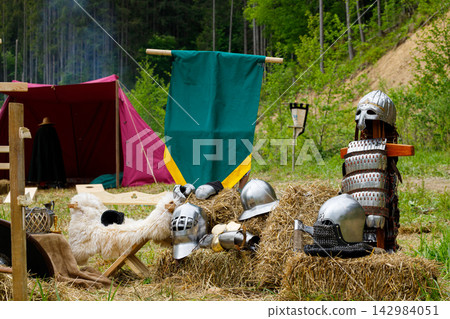 camp site of knight with battle armor and weapon medieval soldier equipment role play game concept object camp site of knight with battle armor and weapon medieval soldier equipment role play game concept object 142984051
