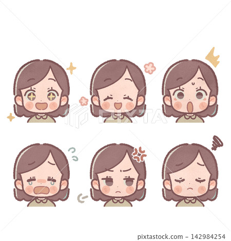 一套6個女性面部表情和情緒 一套6個女性面部表情和情緒 142984254