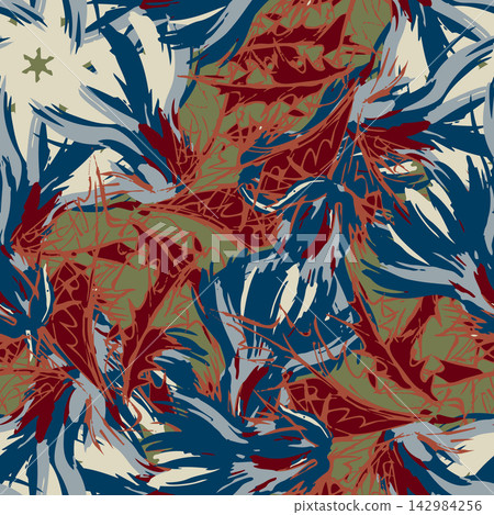 Repeating botanical design shows overlapping palm like leaves and painterly strokes in deep blue, red, olive and ivory, creating energetic camouflage texture for textiles and interiors. Repeating botanical design shows overlapping palm like leaves and painterly strokes in deep blue, red, olive and ivory, creating energetic camouflage texture for textiles and interiors. 142984256