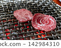 Sliced Sirloin Hanwoo Beef, marbled Korean Style Meat on the Grill. BBQ rare meat with soft focus 142984310