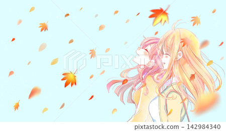 Two smiling women leaving the house, surrounded by autumn leaves. Two smiling women leaving the house, surrounded by autumn leaves. 142984340